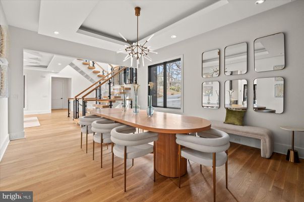 Dining room, Interior, Pendant Lights, Recessed Lighting, Wood Texture Flooring