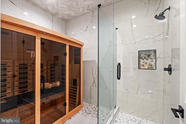 Bathroom, Glass Shower, Interior, Marble Walls, Recessed Lighting, Sauna Room