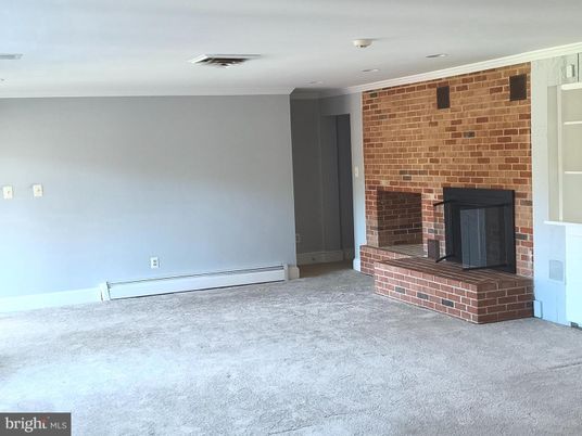 Empty room, Fireplace, Interior, Recessed Lighting, Stone Walls