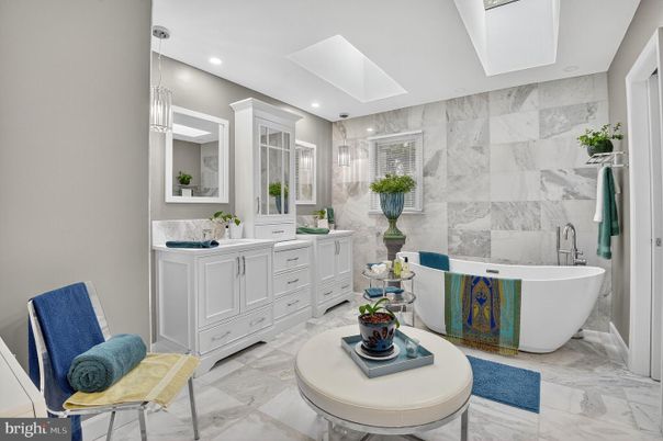 Bathroom, Dual Sink Vanities, Free Standing Baths, Interior, Marble, Marble Walls, Recessed Lighting