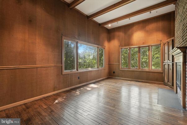 Empty room, Fireplace, Interior, Wooden Beams, Wood Texture Flooring, Wooden Walls