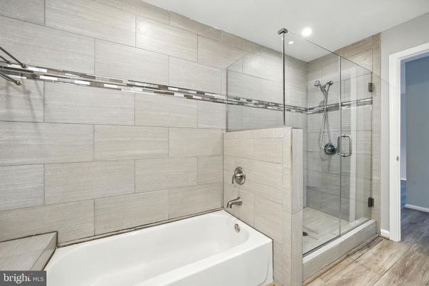 Bathroom, Glass Shower, Interior, Recessed Lighting, Wood Texture Flooring