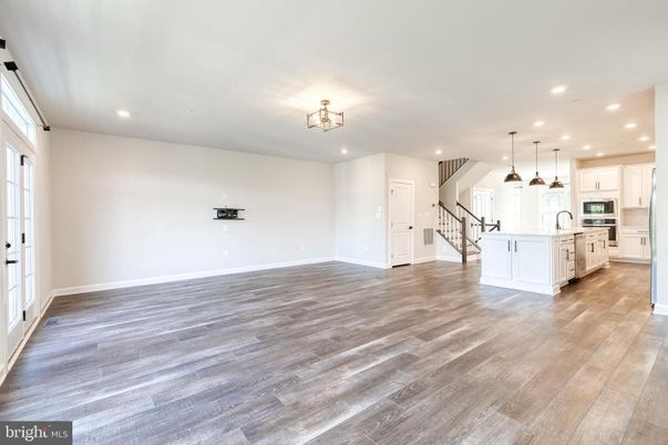 Empty room, Interior, Kitchen, Pendant Lights, Recessed Lighting, Wood Texture Flooring