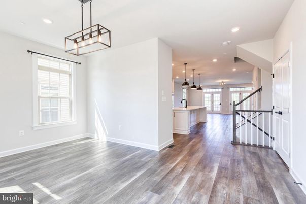 Empty room, Interior, Kitchen, Pendant Lights, Recessed Lighting, Wood Texture Flooring