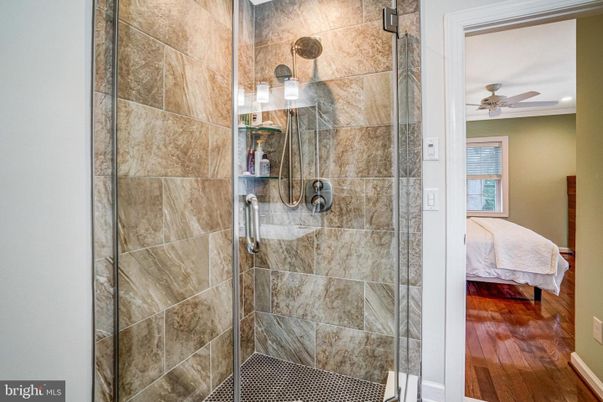 Bathroom, Bedroom, Glass Shower, Interior, Recessed Lighting, Wood Texture Flooring