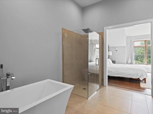 Bathroom, Bedroom, Free Standing Baths, Glass Shower, Interior, Wood Texture Flooring