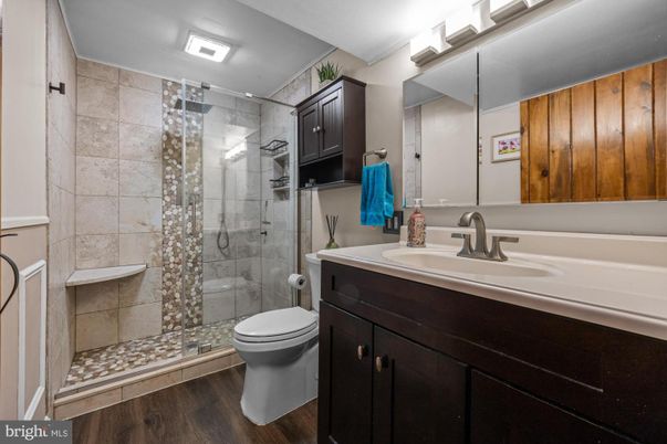 Bathroom, Glass Shower, Interior, Wood Texture Flooring