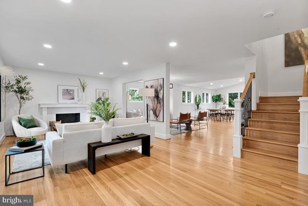 Dining room, Fireplace, Interior, Living room, Recessed Lighting, Wood Texture Flooring