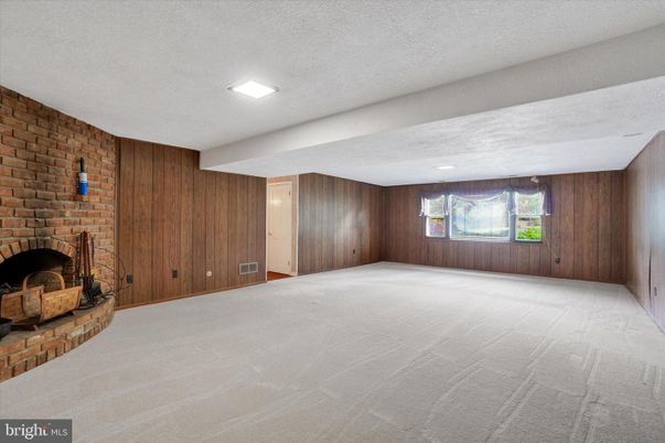 Empty room, Fireplace, Interior, Recessed Lighting, Stone Walls, Wooden Walls