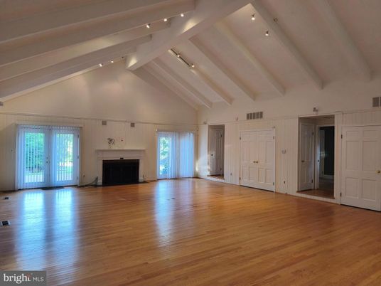 Empty room, Fireplace, Interior, Recessed Lighting, Wood Texture Flooring