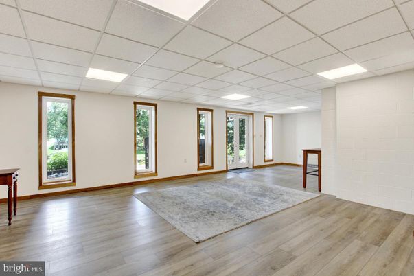 Empty room, Interior, Recessed Lighting, Stone Walls, Wood Texture Flooring