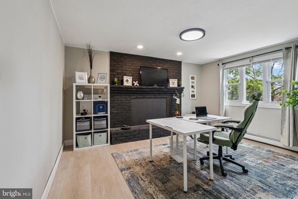 Fireplace, Home Office, Interior, Recessed Lighting, Stone Walls, Wood Texture Flooring