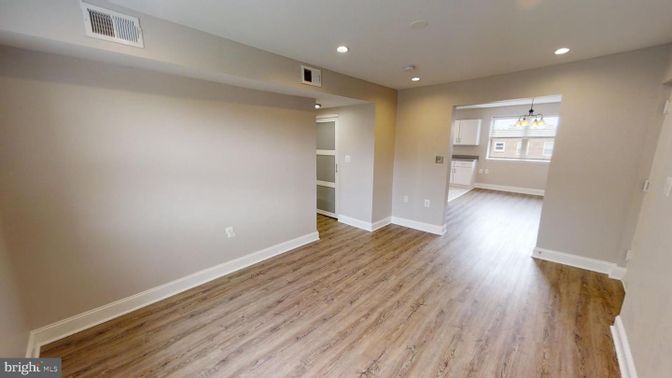 Empty room, Interior, Pendant Lights, Recessed Lighting, Wood Texture Flooring