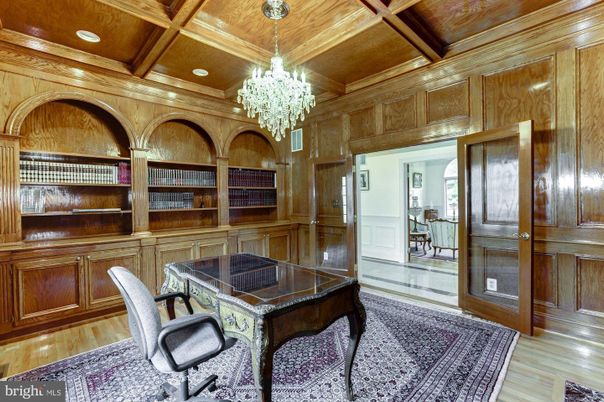 Chandelier, Home Office, Interior, Recessed Lighting, Wooden Beams, Wooden Ceilings, Wood Texture Flooring, Wooden Walls