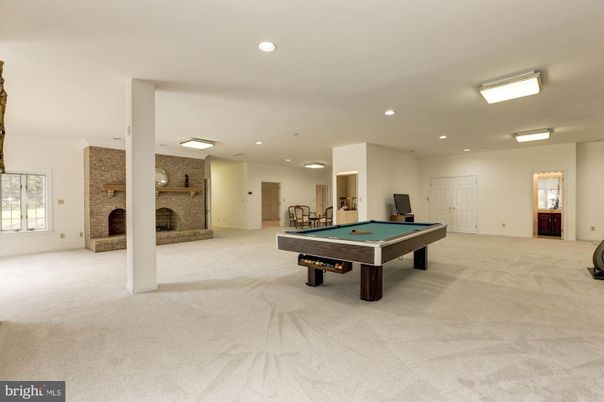 Billiard Table, Fireplace, Game Room, Interior, Recessed Lighting, Stone Walls