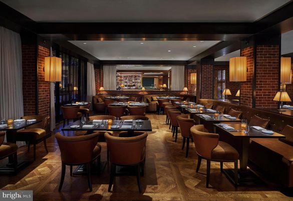 Dining room, Interior, Pendant Lights, Recessed Lighting, Stone Walls, Wood Texture Flooring