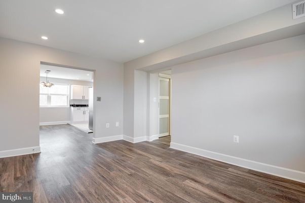 Chandelier, Empty room, Interior, Kitchen, Recessed Lighting, Wood Texture Flooring