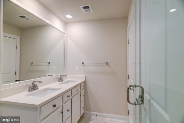 Bathroom, Dual Sink Vanities, Interior, Marble, Recessed Lighting