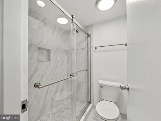 Bathroom, Glass Shower, Interior, Marble Walls, Recessed Lighting