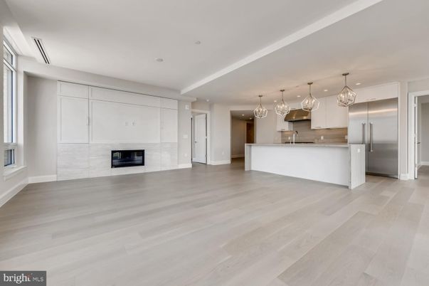 Fireplace, Interior, Kitchen, Pendant Lights, Recessed Lighting, Stainless Steel Appliances, Wood Texture Flooring