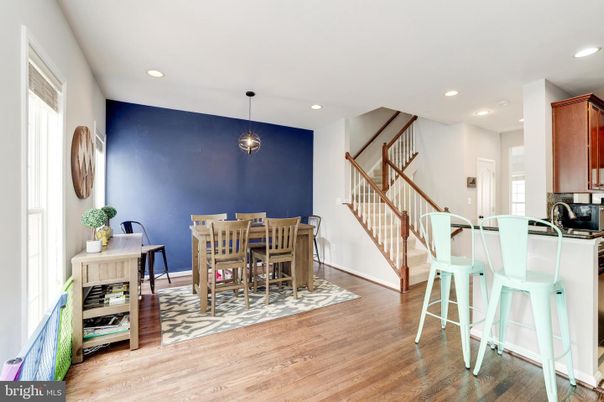 Dining room, Interior, Pendant Lights, Recessed Lighting, Wood Texture Flooring