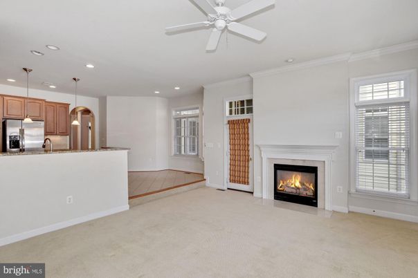 Empty room, Fireplace, Interior, Kitchen, Pendant Lights, Recessed Lighting, Stainless Steel Appliances