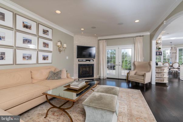 Dining room, Fireplace, Interior, Living room, Pendant Lights, Recessed Lighting, Wood Texture Flooring