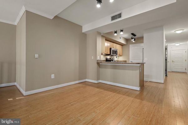 Empty room, Interior, Kitchen, Stainless Steel Appliances, Wood Texture Flooring