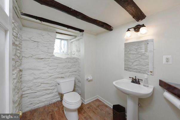 Bathroom, Interior, Marble Walls, Wooden Beams, Wood Texture Flooring