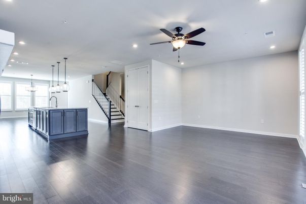 Empty room, Interior, Kitchen, Pendant Lights, Recessed Lighting, Wood Texture Flooring