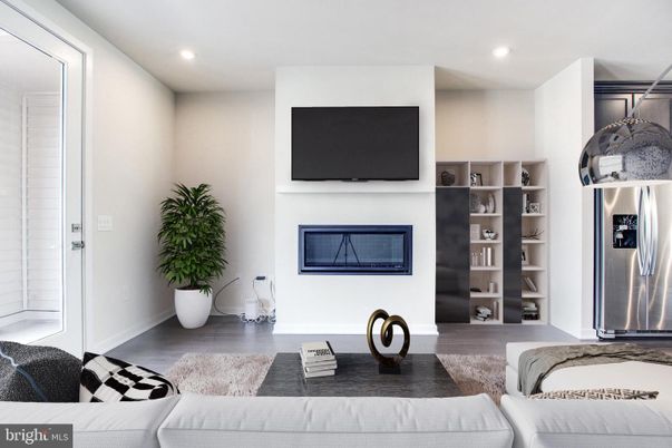 Fireplace, Interior, Living room, Recessed Lighting, Wood Texture Flooring