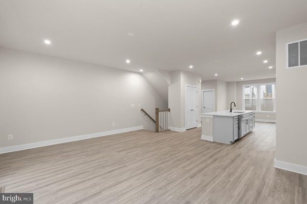 Empty room, Interior, Kitchen, Recessed Lighting, Wood Texture Flooring