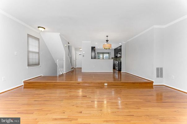 Empty room, Interior, Kitchen, Pendant Lights, Wood Texture Flooring