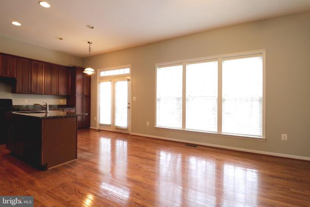 Empty room, Interior, Kitchen, Pendant Lights, Recessed Lighting, Wood Texture Flooring