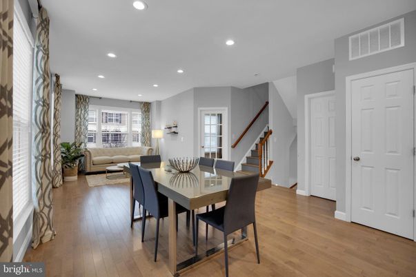 Dining room, Interior, Living room, Recessed Lighting, Wood Texture Flooring