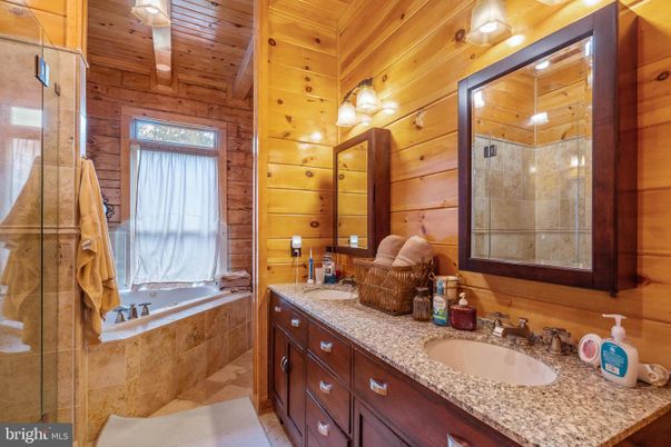 Bathroom, Dual Sink Vanities, Glass Shower, Interior, Wooden Ceilings, Wooden Walls