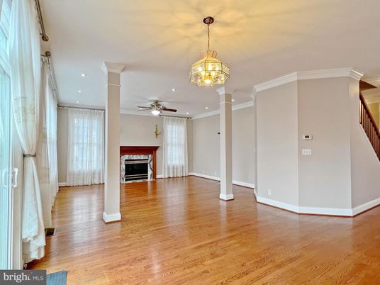 Empty room, Fireplace, Interior, Pendant Lights, Recessed Lighting, Wood Texture Flooring
