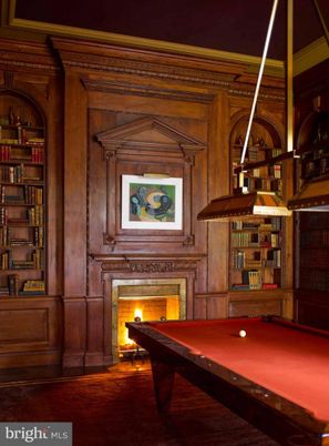 Billiard Table, Fireplace, Game Room, Interior, Wood Texture Flooring, Wooden Walls