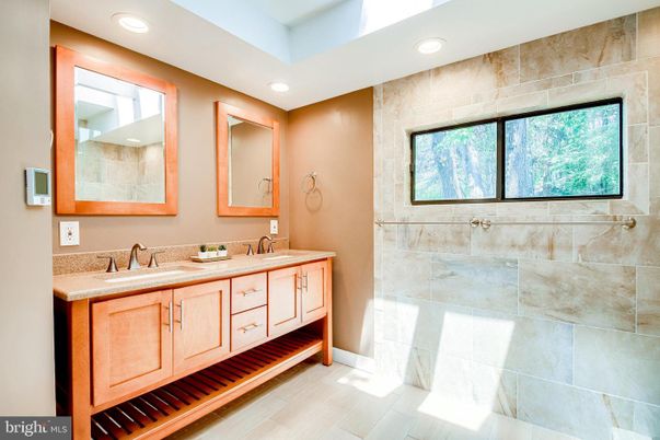 Bathroom, Dual Sink Vanities, Interior, Recessed Lighting, Wood Texture Flooring