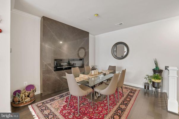 Dining room, Interior, Marble Walls, Recessed Lighting, Wood Texture Flooring