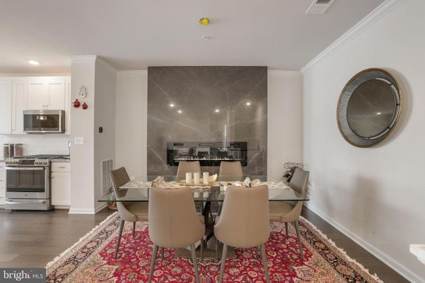 Dining room, Interior, Kitchen, Marble Walls, Recessed Lighting, Wood Texture Flooring