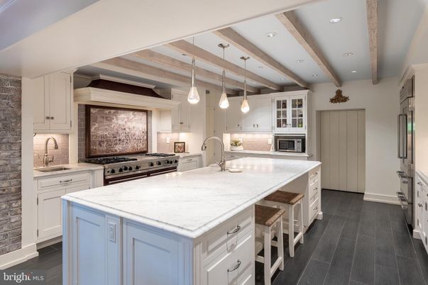 Interior, Kitchen, Pendant Lights, Recessed Lighting, Stainless Steel Appliances, Wooden Beams, Wood Texture Flooring