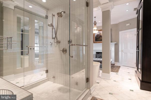 Bathroom, Fireplace, Glass Shower, Interior, Marble, Pendant Lights, Recessed Lighting