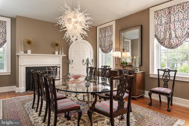 Dining room, Fireplace, Interior, Pendant Lights, Wood Texture Flooring
