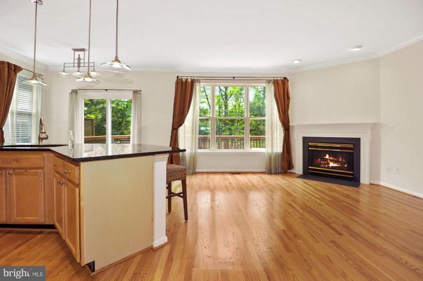 Fireplace, Interior, Kitchen, Pendant Lights, Recessed Lighting, Wood Texture Flooring