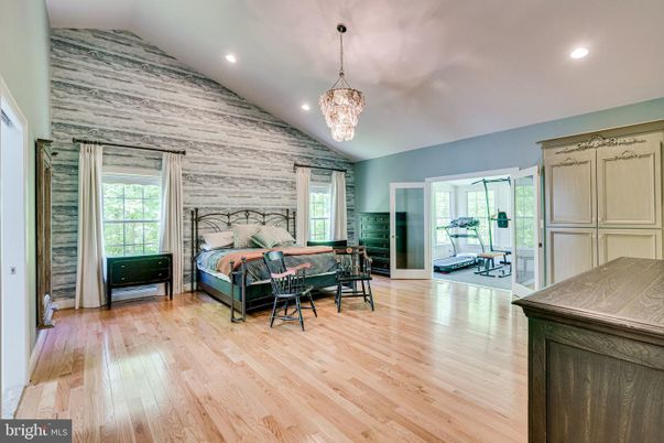 Bedroom, Chandelier, Interior, Recessed Lighting, Wood Texture Flooring