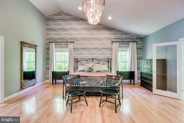 Bedroom, Chandelier, Interior, Recessed Lighting, Wood Texture Flooring