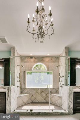 Bathroom, Chandelier, Glass Shower, Interior, Recessed Lighting