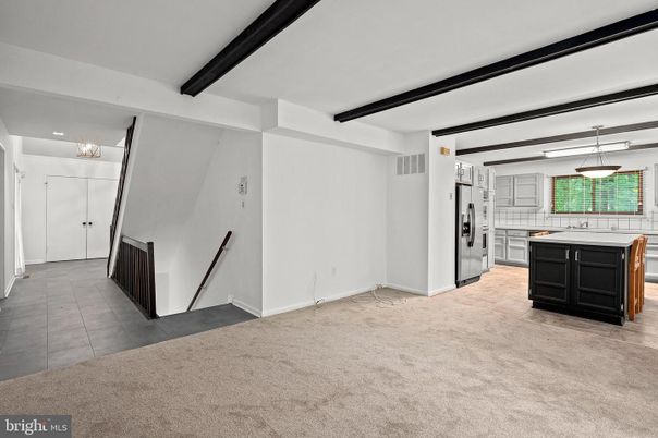 Empty room, Interior, Kitchen, Pendant Lights, Recessed Lighting, Wooden Beams
