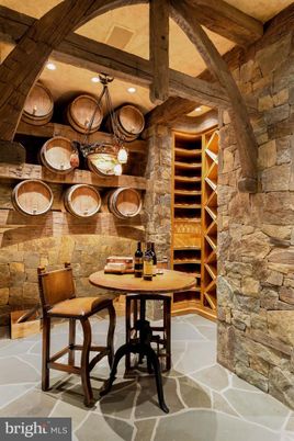 Interior, Recessed Lighting, Stone Walls, Wine Storage, Wooden Beams